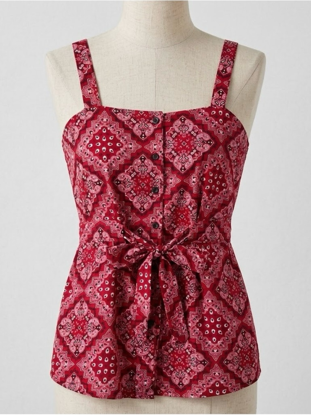 LIFE Red Paisley Bandana Style Tie Waist Peplum Top Sz S Festival Boho Country